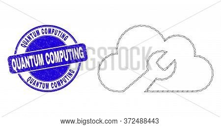 Web Carcass Cloud Wrench Icon And Quantum Computing Stamp. Blue Vector Round Textured Seal With Quan