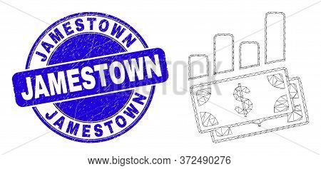 Web Mesh Financial Charts Icon And Jamestown Seal Stamp. Blue Vector Rounded Scratched Seal Stamp Wi