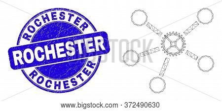 Web Mesh Gear Links Pictogram And Rochester Seal Stamp. Blue Vector Rounded Textured Seal Stamp With