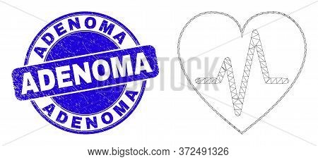 Web Mesh Heart Pulse Icon And Adenoma Seal Stamp. Blue Vector Rounded Textured Seal Stamp With Adeno