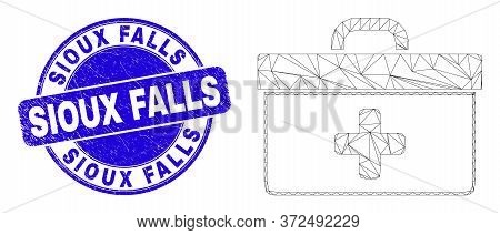 Web Mesh Medical Case Icon And Sioux Falls Seal Stamp. Blue Vector Rounded Grunge Seal Stamp With Si