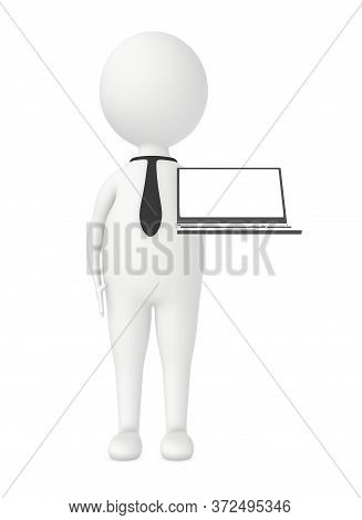 3d character , man showing a laptop with empty white copspace screen - 3d rendering