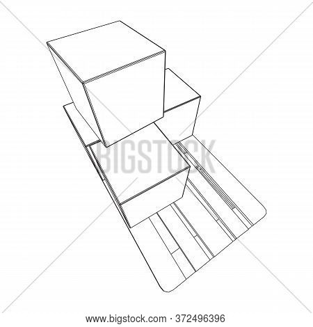 Cargo Pallet For Warehouse With Stacked Goods Cardboard Boxes. Logistics Shipping Concept. Wireframe