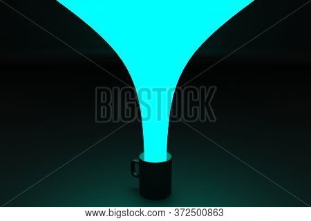 3d Rendering. Сlose-up Of A Medium-sized Mug Of Black Tea And Coffee In Blue  A Blue Flow Of Water C