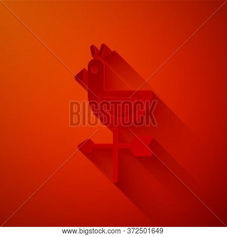 Paper Cut Rooster Weather Vane Icon Isolated On Red Background. Weathercock Sign. Windvane Rooster. 
