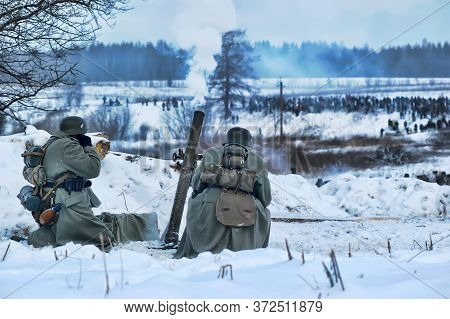 Leningrad Region, Russia - January 22, 2012: The German Gunners During The Second World War To Occup
