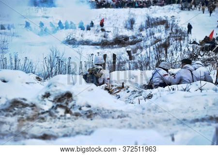 Leningrad Region, Russia - January 22, 2012: The German Gunners During The Second World War To Occup
