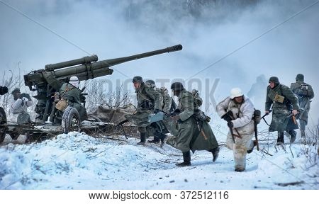 Leningrad Region, Russia - January 22, 2012: The German Gunners During The Second World War To Occup