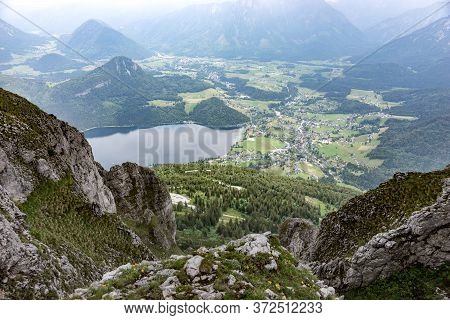 Beautiful View From Loser Peak Over Altaussee Lake And Altaussee Village In Dead Mountains (totes Ge