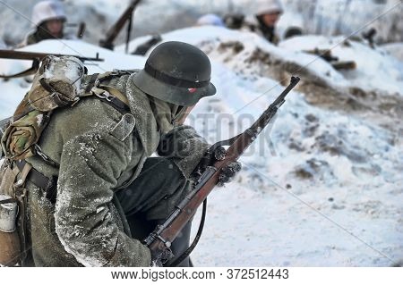 Leningrad Region, Russia - January 22, 2012: The German Gunners During The Second World War To Occup