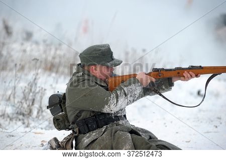 Leningrad Region, Russia - January 22, 2012: The German Gunners During The Second World War To Occup