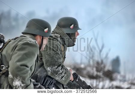 Leningrad Region, Russia - January 22, 2012: The German Gunners During The Second World War To Occup