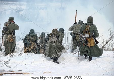 Leningrad Region, Russia - January 22, 2012: The German Gunners During The Second World War To Occup