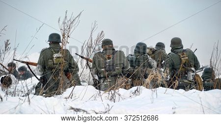 Leningrad Region, Russia - January 22, 2012: The German Gunners During The Second World War To Occup