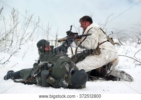 Leningrad Region, Russia - January 22, 2012: The German Gunners During The Second World War To Occup