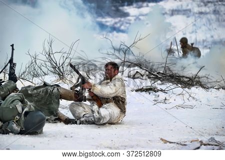 Leningrad Region, Russia - January 22, 2012: The German Gunners During The Second World War To Occup
