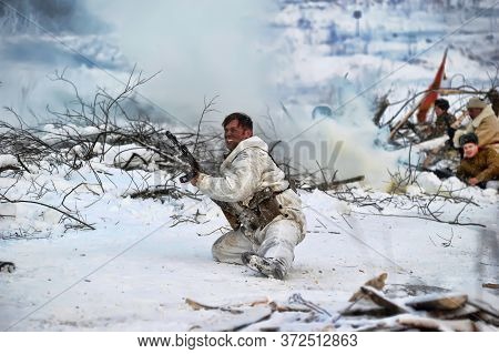 Leningrad Region, Russia - January 22, 2012: The German Gunners During The Second World War To Occup