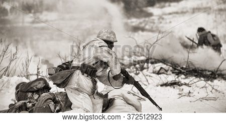 Leningrad Region, Russia - January 22, 2012: The German Gunners During The Second World War To Occup
