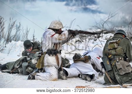 Leningrad Region, Russia - January 22, 2012: The German Gunners During The Second World War To Occup