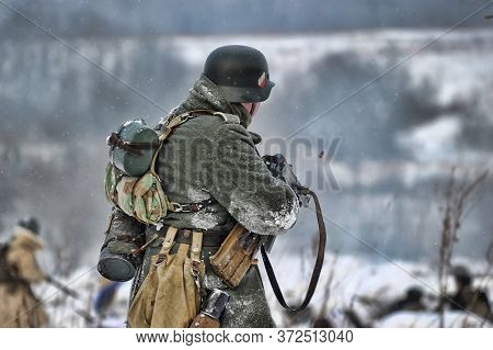 Leningrad Region, Russia - January 22, 2012: The German Gunners During The Second World War To Occup