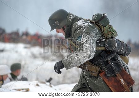 Leningrad Region, Russia - January 22, 2012: The German Gunners During The Second World War To Occup