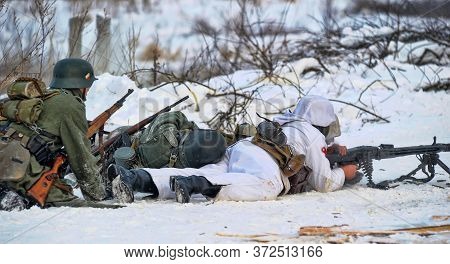 Leningrad Region, Russia - January 22, 2012: The German Gunners During The Second World War To Occup