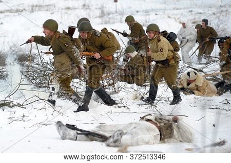 Leningrad Region, Russia - January 22, 2012: The German Gunners During The Second World War To Occup