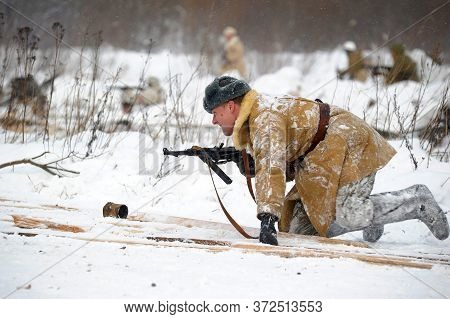 Leningrad Region, Russia - January 22, 2012: The German Gunners During The Second World War To Occup