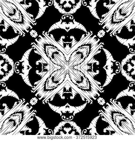 Embroidery Textured Vector Seamless Pattern. Black And White Floral Grunge Background. Tapestry Wall