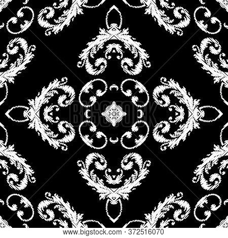 Embroidery Textured Vector Seamless Pattern. Black And White Floral Grunge Background. Tapestry Wall