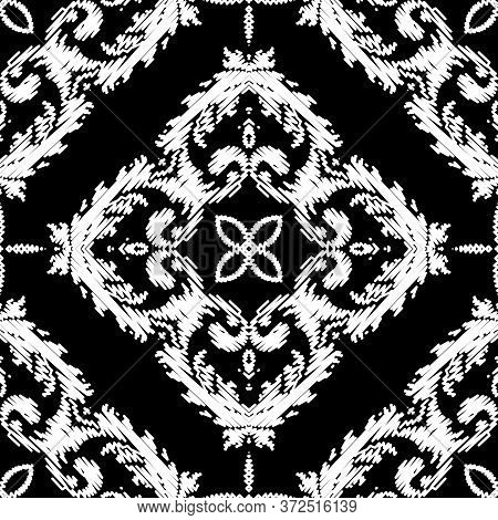 Embroidery Textured Vector Seamless Pattern. Black And White Floral Grunge Background. Tapestry Wall