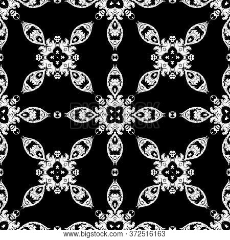 Embroidery Textured Vector Seamless Pattern. Black And White Floral Grunge Background. Tapestry Wall