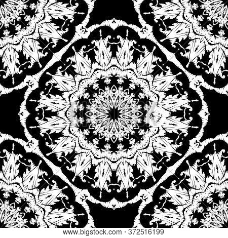 Embroidery Textured Vector Seamless Pattern. Black And White Floral Grunge Background. Tapestry Mand