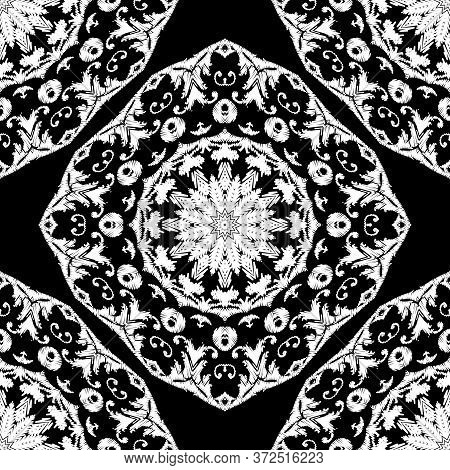 Embroidery Textured Vector Seamless Pattern. Black And White Floral Grunge Background. Tapestry Mand