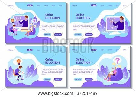 Web Page Template Set For Online Education And E-learning. Teacher And Students. Online Classroom. S