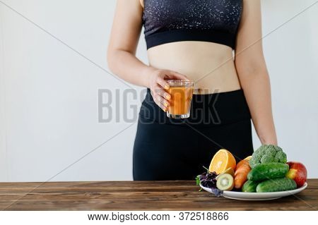 Fit Woman With Fresh Raw Detox Smoothie. Clean Eating, Weight Loss, Healthy Dieting Food