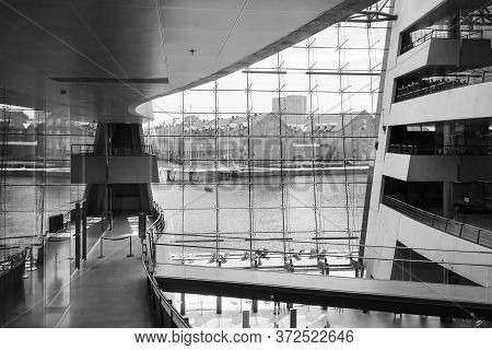 Library Interior. Black Diamond. Copenhagen. Denmark. Modern Architecture. Black And White Photo Arc