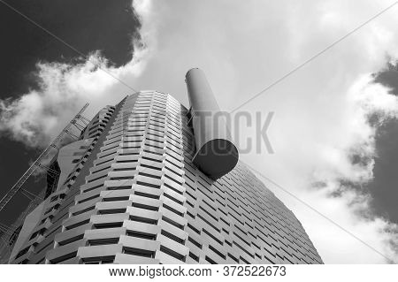 Copenhagen. Denmark. July 23, 2019.facade Of A Modern Metal Building. View From Below. Power Station
