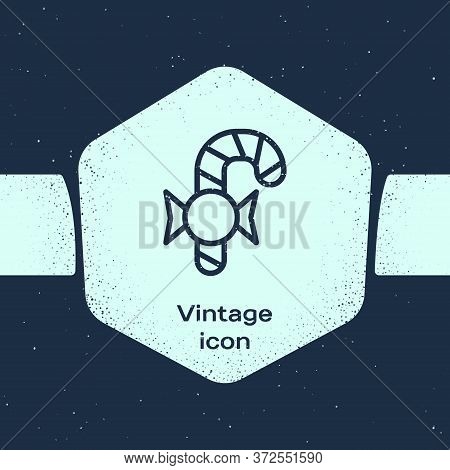 Grunge Line Christmas Candy Cane With Stripes Icon Isolated On Blue Background. Merry Christmas And 