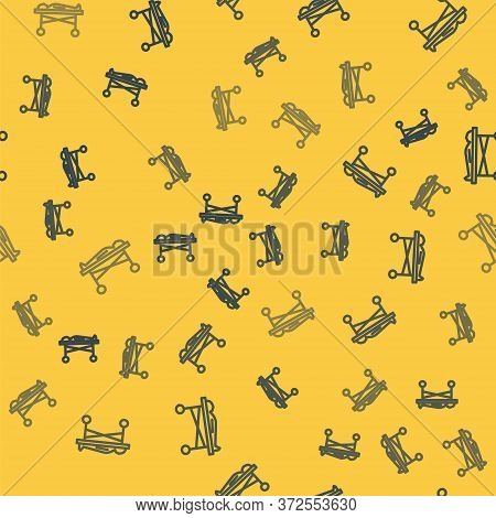 Blue Line Dead Body In The Morgue Icon Isolated Seamless Pattern On Yellow Background. Vector