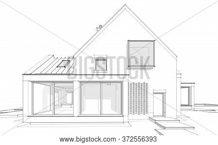 3D Rendering Of Modern Clinker House On The Ponds With Pool Black Line On White Background