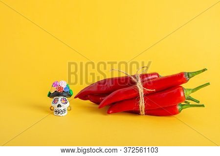Red Hot Chili Pepper And Catrina La Calavera Garbancera , Dapper Skeleton, Elegant Skull On A Yellow
