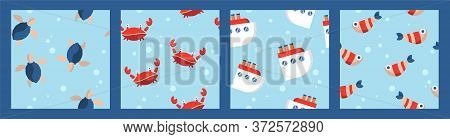 Set Of Four Nautical Baby Seamless Patterns With Fish, Crabs, Ships And Turtles. Cartoon Flat Design