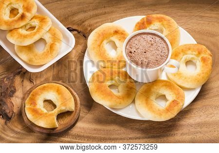 Pandequeso Traditional Colombian Food - Hot Drink Chocolate.