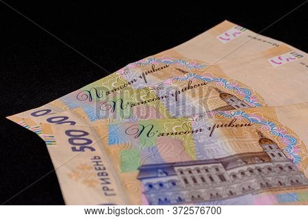 500 Ukrainian Hryvnia On A Black Background. Ukrainian Currency With Hryhoriy Skovoroda.