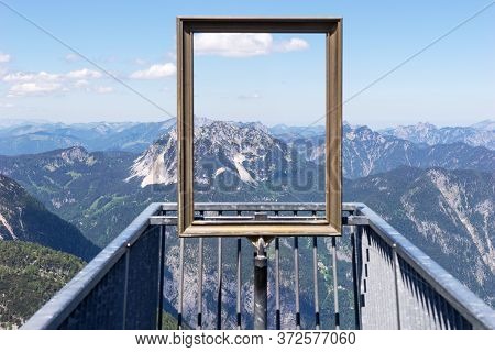 View Of The Mountains Through The Picture Frame. Viewing Platform Five Fingers. Dachstein-krippenste