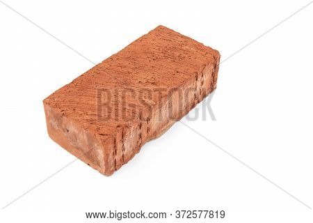 One Single Red Brick Isolated On White Background, The Red Brick Symbol Of Construction. Object Isol