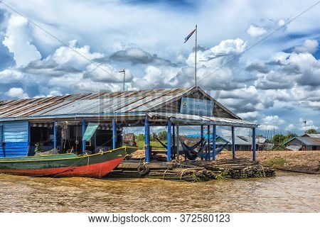 Lake Tonle Sap, Combodia - 28.06.2017: Chong Knies Village, Tonle Sap Lake, The Largest Freshwater L