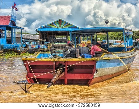 Lake Tonle Sap, Combodia - 28.06.2017: Chong Knies Village, Tonle Sap Lake, The Largest Freshwater L