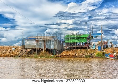 Lake Tonle Sap, Combodia - 28.06.2017: Chong Knies Village, Tonle Sap Lake, The Largest Freshwater L